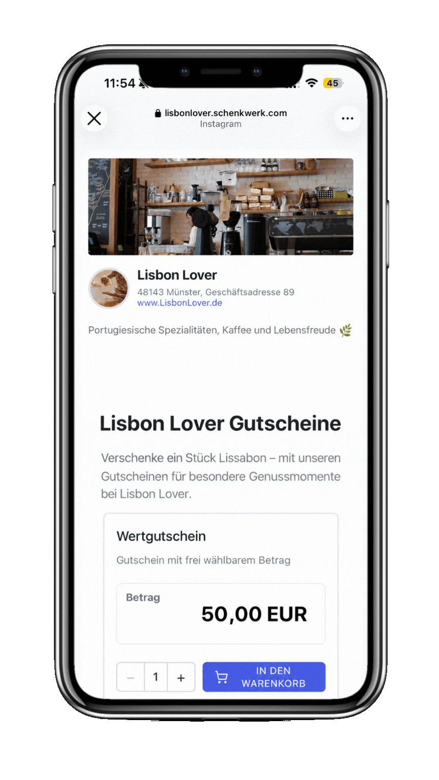 Schenkwerk Gutschein-Shop im Instagram-Browser