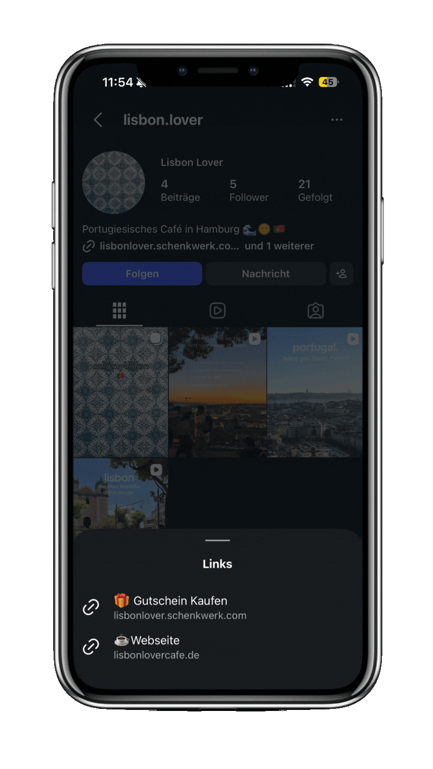 Instagram-Links mit „Gutschein kaufen“ an erster Stelle