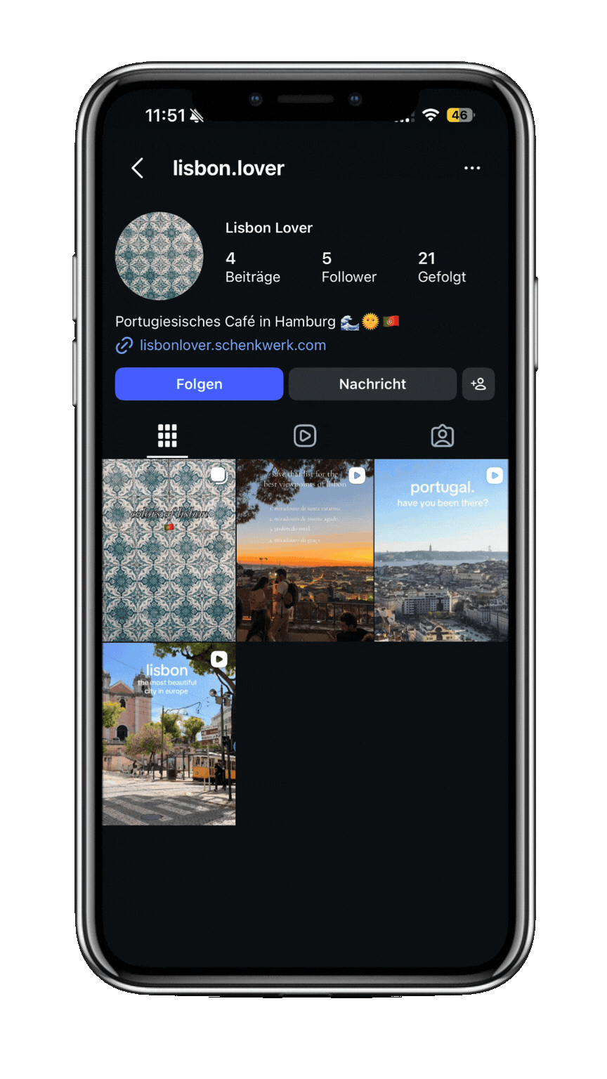 Instagram-Profil mit Link zum Gutschein-Shop in der Bio